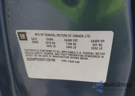 2006 Pontiac Grand Prix z USA, uszkodzony, nr VIN 2G2WP552361122186